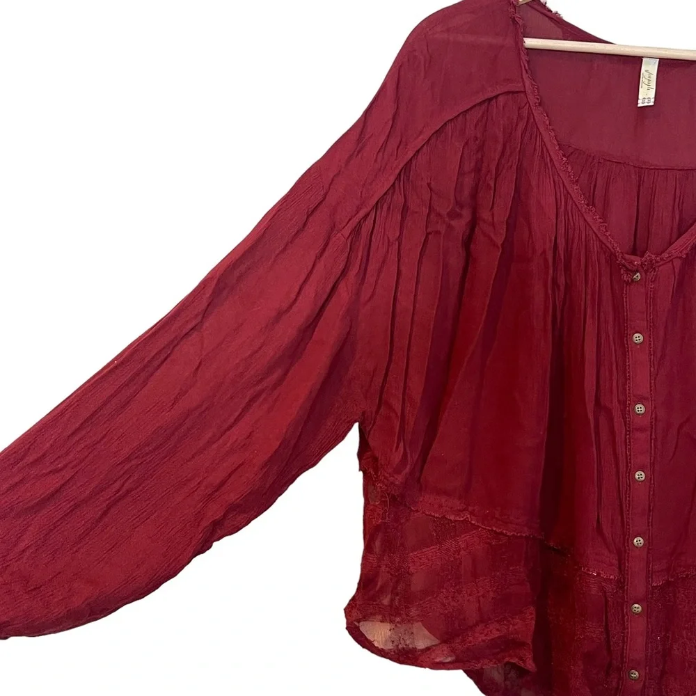 FREE PEOPLE Rainy Days Gauze Lace Oversized Boho Peasant Swing Top Burgundy M - Picture 6 of 13